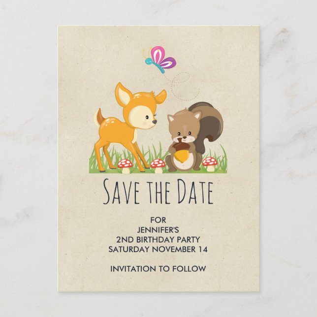 Cute Woodland Creatures Cartoon Save the Date Invitation Postcard (Front)