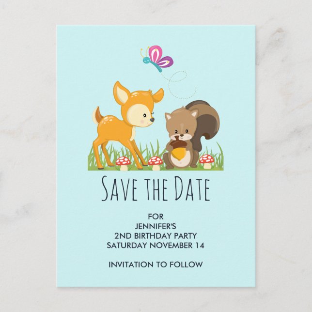 Cute Woodland Creatures Cartoon Save the Date Invitation Postcard (Front)