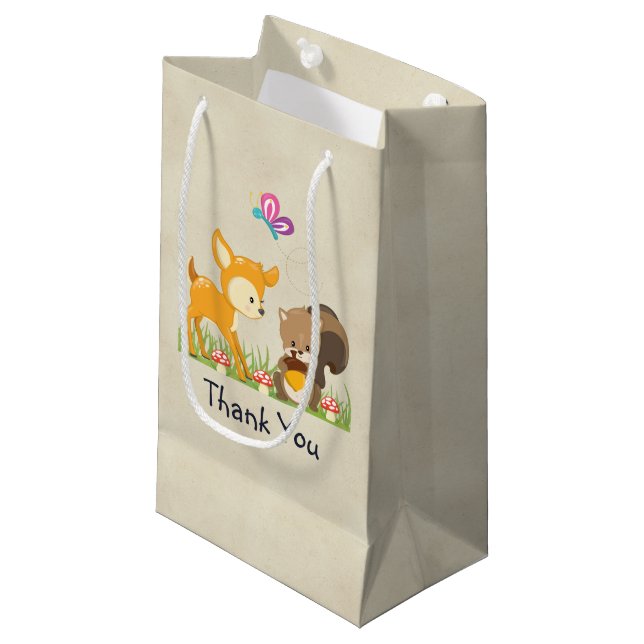 Cute Woodland Creatures Cartoon Thank You Small Gift Bag (Front Angled)