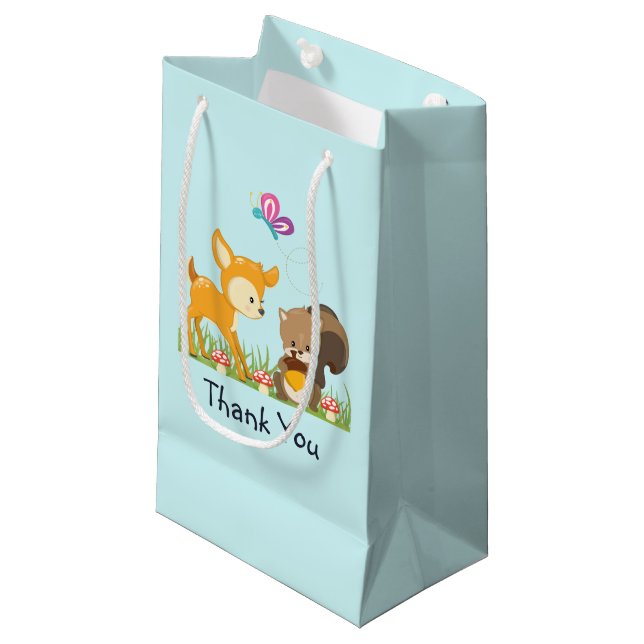 Cute Woodland Creatures Cartoon Thank You Small Gift Bag (Front Angled)
