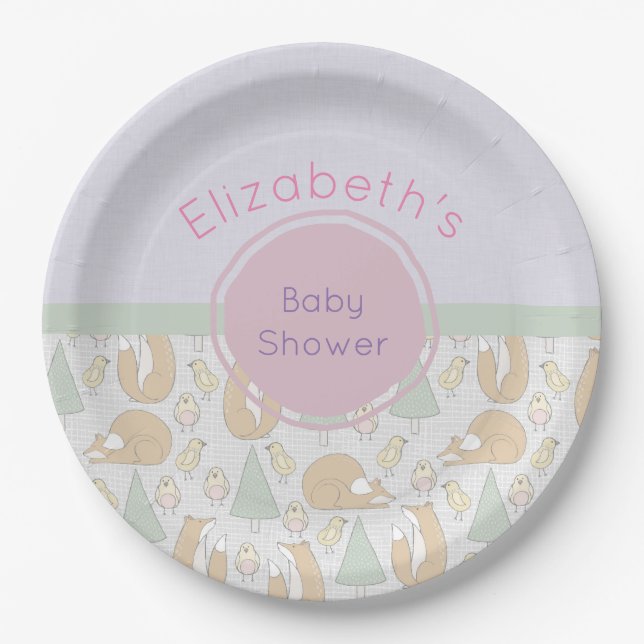 Cute Woodland Creatures Pattern Baby Shower Paper Plate (Front)