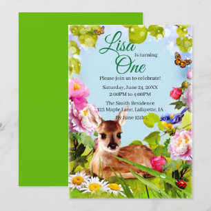 Cute Woodland Deer 1st Birthday Party Invitation