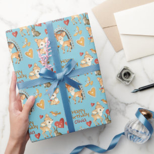 Cute Woodland Deer Birds Hearts Birthday Wrapping Paper