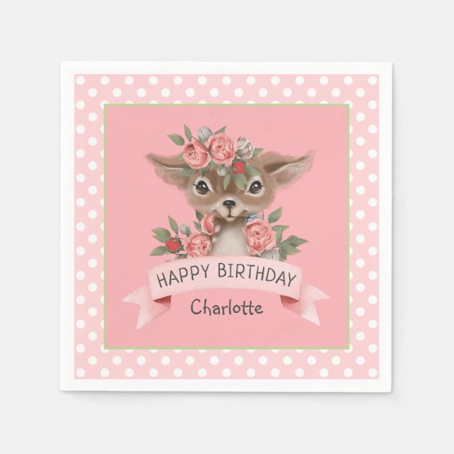 Cute Woodland Deer Birthday Party for Girl Napkin (Front)