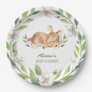 Cute Woodland Deer Floral Greenery Baby Shower 9" Paper Plate