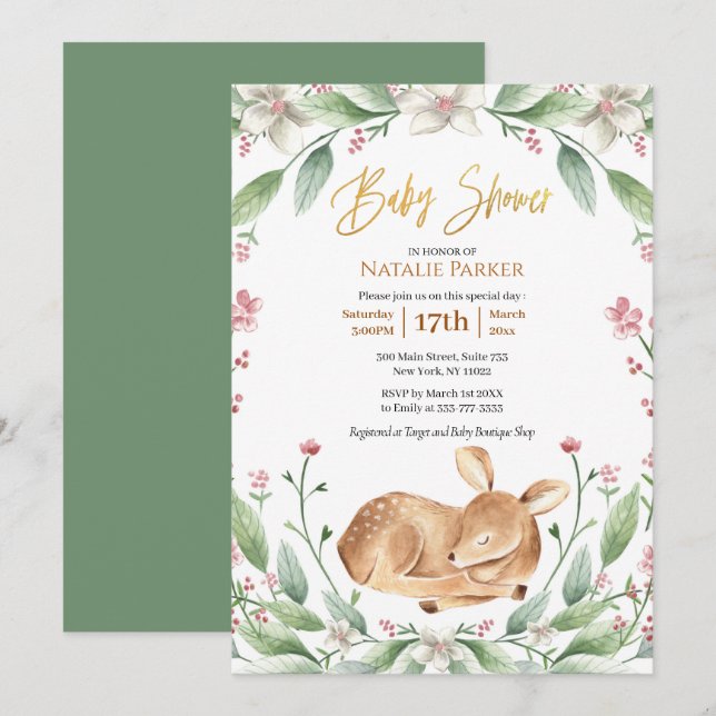 Cute Woodland Deer Floral Greenery Baby Shower Invitation (Front/Back)