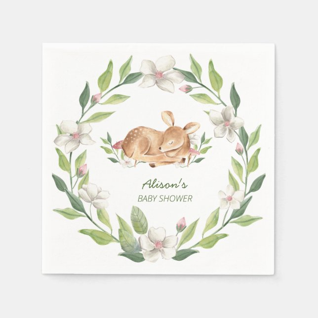 Cute Woodland Deer Floral Greenery Baby Shower  Napkin (Front)