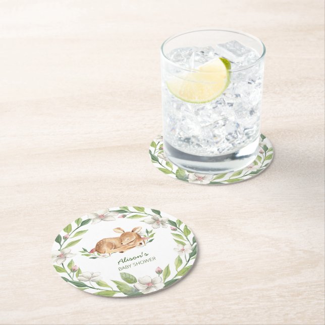Cute Woodland Deer Floral Greenery Baby Shower Round Paper Coaster (Insitu)