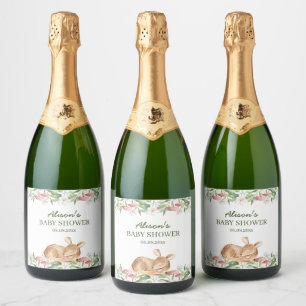 Cute Woodland Deer Floral Greenery Baby Shower Sparkling Wine Label