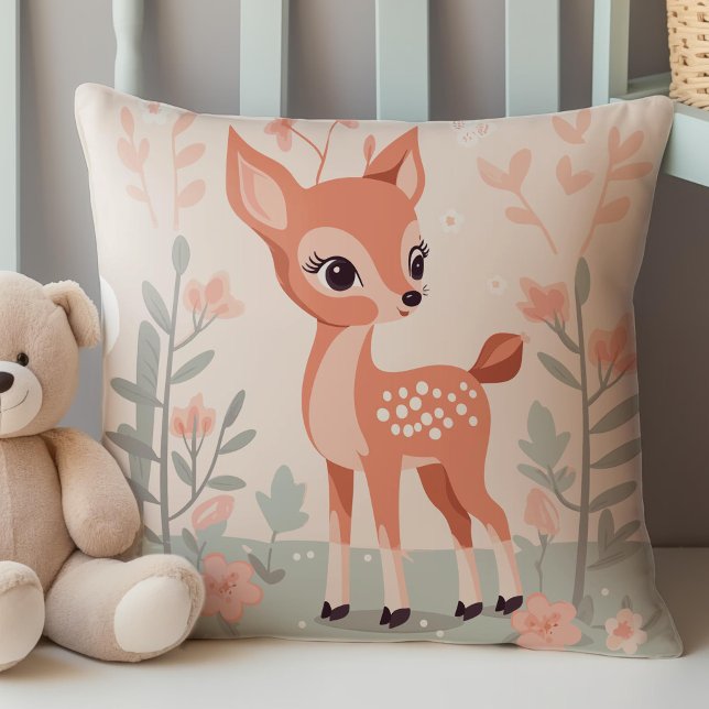 Cute Woodland Deer, Forest Animals, baby Girl  Cushion (Cute Deer, Woodland Animals Themed Nursery Decor, Throw Pillow)