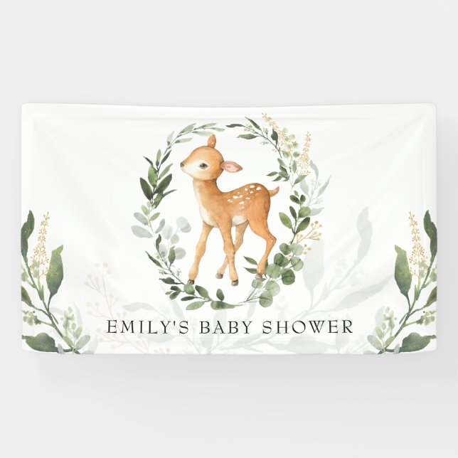 Cute Woodland Deer Greenery Gold Baby Shower Banner (Horizontal)