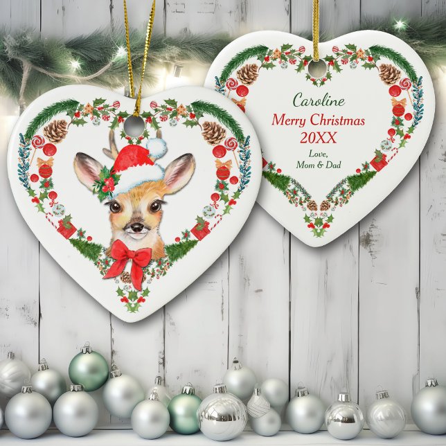 Cute Woodland Deer Heart Holiday Wreath Ceramic Tree Decoration (Creator Uploaded)