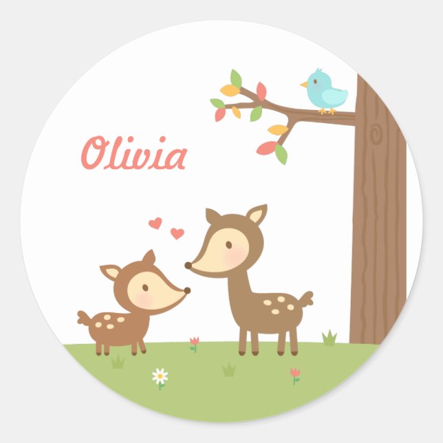 Cute Woodland Deer Mother and Child For Kids Classic Round Sticker (Front)