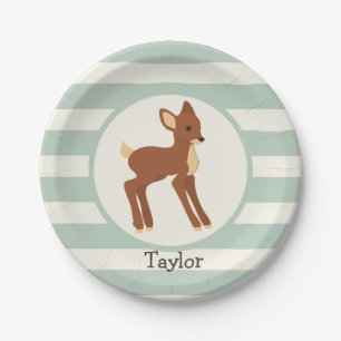 Cute Woodland Deer; Sage Green Stripes Paper Plate
