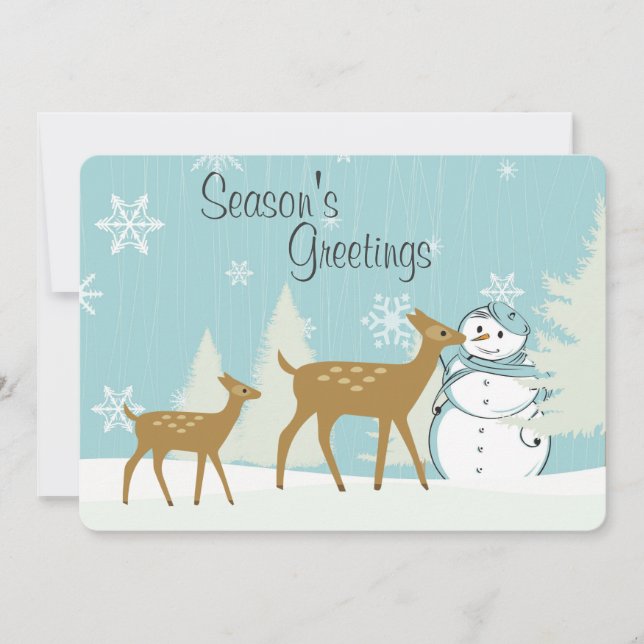 Cute Woodland Deer with Snowman Christmas Holiday Card (Front)