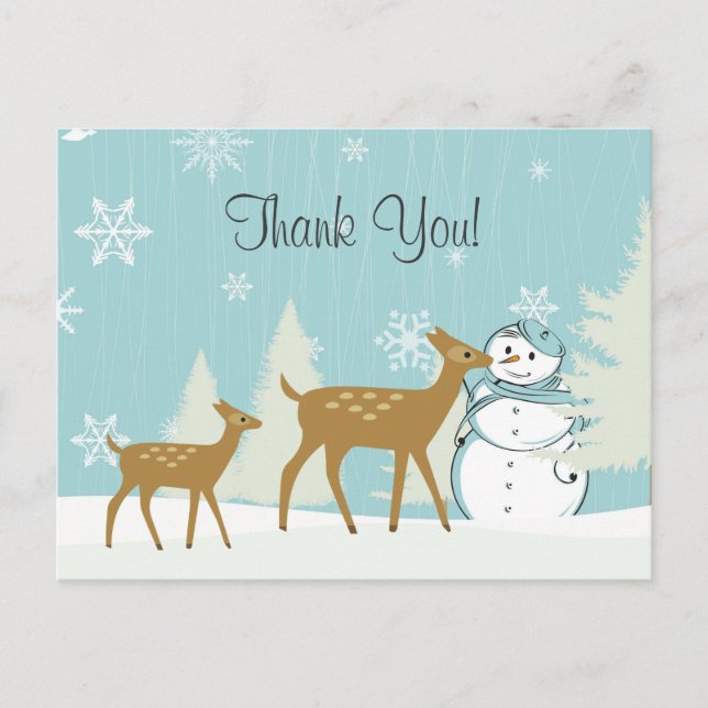 Cute Woodland Deer with Snowman Winter Thank You Postcard (Front)