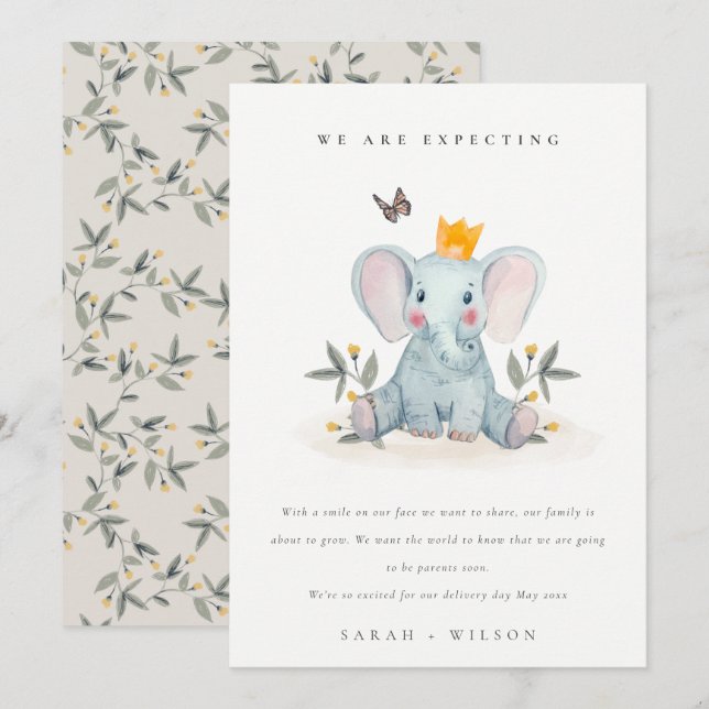 Cute Woodland  Elephant Foliage Baby Announcement  (Front/Back)