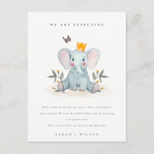 Cute Woodland  Elephant Foliage Baby Announcement Postcard (Front)