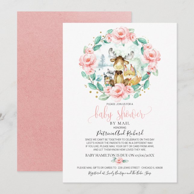 Cute Woodland Floral Greenery Baby Shower By Mail Invitation (Front/Back)