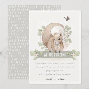 Cute Woodland Floral Squirrel Baby Announcement