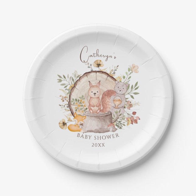 Cute Woodland Forest Animal Friends Baby Shower Paper Plate (Front)