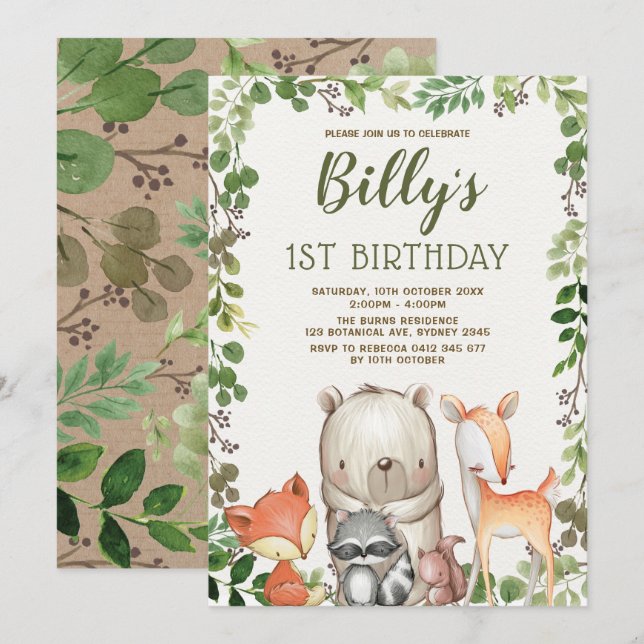 Cute Woodland Forest Animals 1st Birthday Party Invitation (Front/Back)