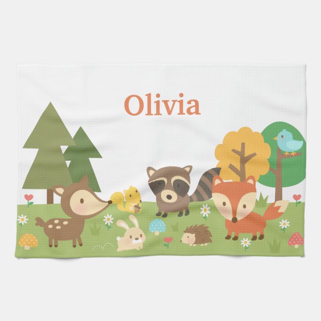 Cute Woodland Forest Animals and Creatures Tea Towel (Horizontal)
