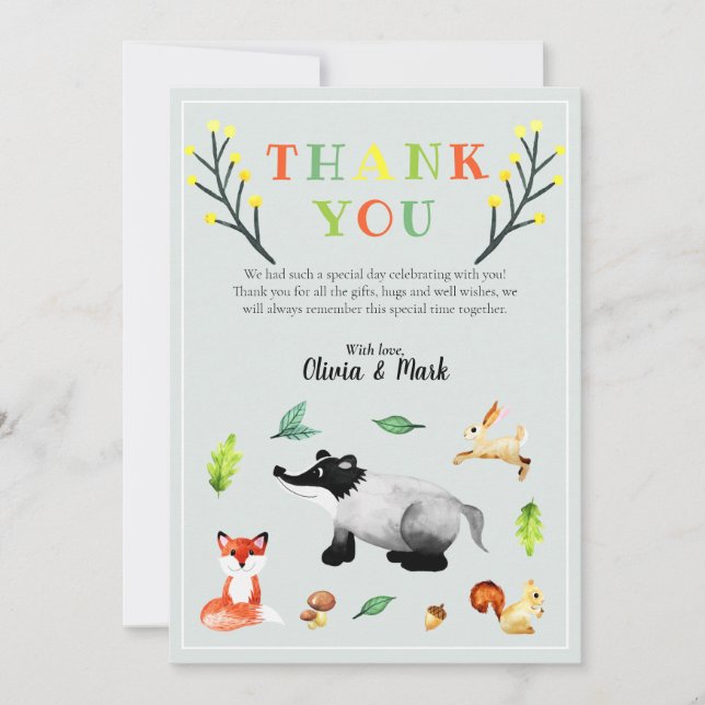 Cute Woodland Forest Animals Baby Shower Thank You Card (Front)