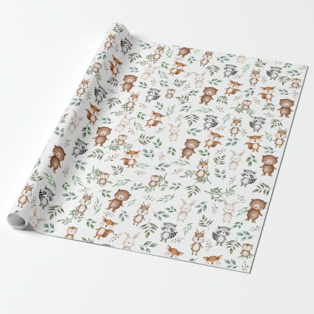 Cute Woodland Forest Animals Birthday Baby Shower Wrapping Paper (Unrolled)