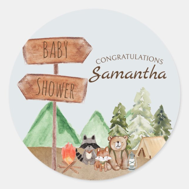 Cute Woodland Forest Animals Camping Baby Shower Classic Round Sticker (Front)
