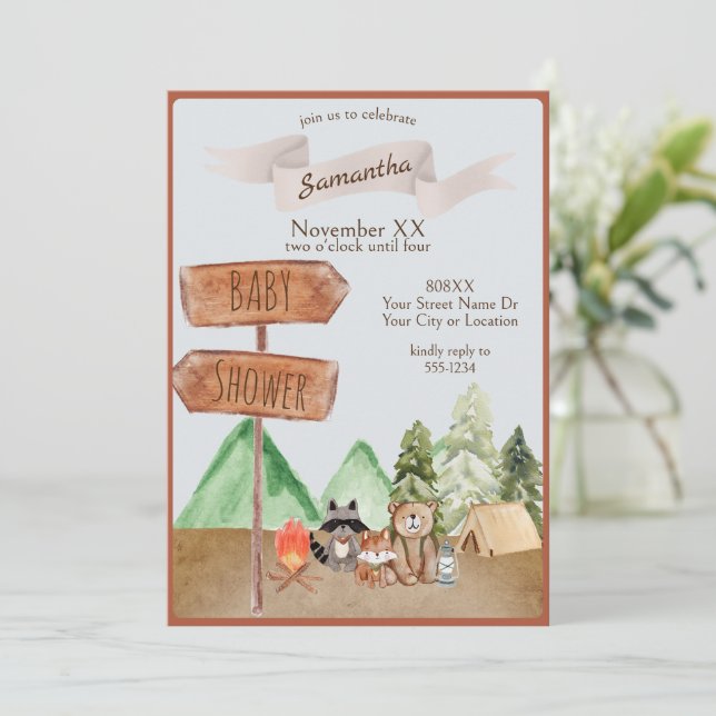 Cute Woodland Forest Animals Camping Baby Shower Invitation (Standing Front)