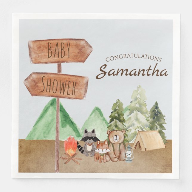 Cute Woodland Forest Animals Camping Baby Shower Napkin (Front)