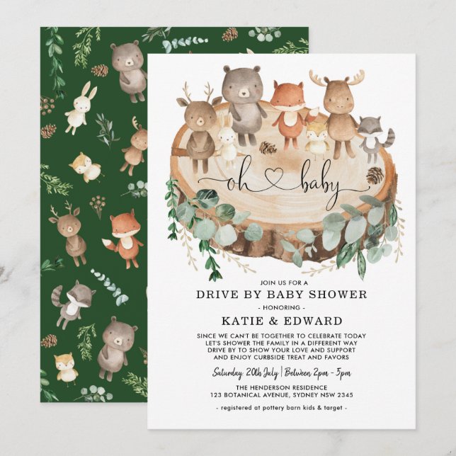 Cute Woodland Forest Animals Drive By Baby Shower Invitation (Front/Back)