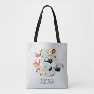 Cute Woodland Forest Animals Fox and Name Kids Tote Bag