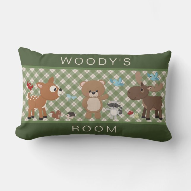 Cute Woodland Forest Animals Green Plaid Name Lumbar Cushion (Front)