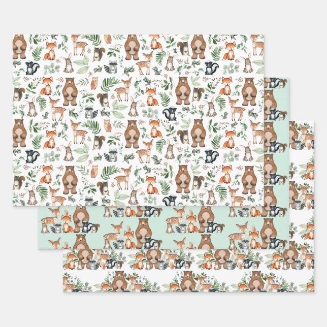 Cute Woodland Forest Animals Greenery Leaves Wrapping Paper Sheet (Set)