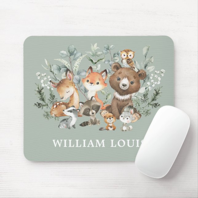 Cute Woodland Forest Animals Greenery Monogram Mouse Mat (With Mouse)
