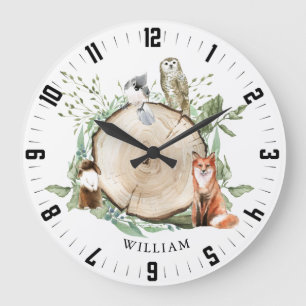Cute Woodland Forest Animals Personalised Boy Name Large Clock