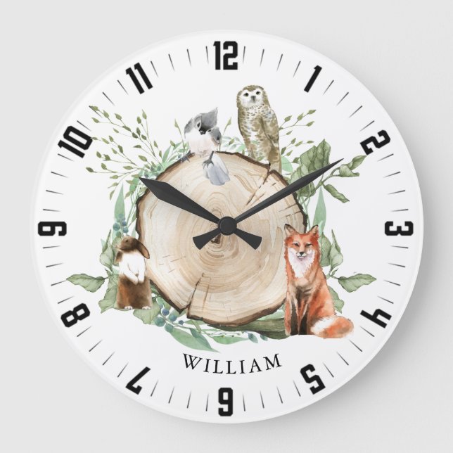 Cute Woodland Forest Animals Personalised Boy Name Large Clock (Front)