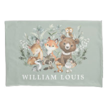 Cute Woodland Forest Animals Sage Greenery Baby Pillowcase