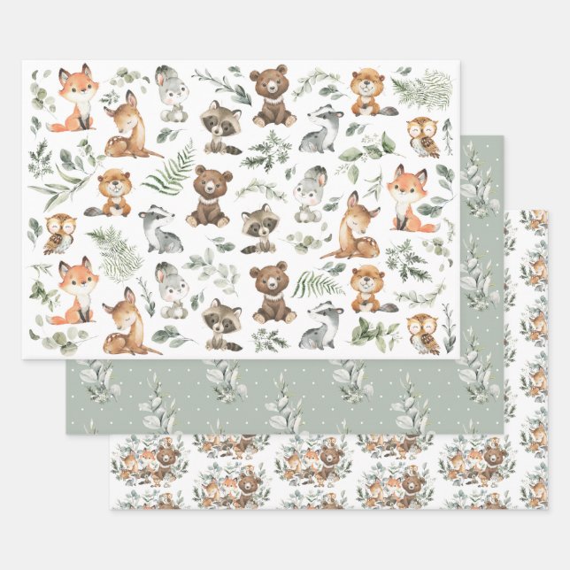 Cute Woodland Forest Animals Sage Greenery  Wrapping Paper Sheet (Set)