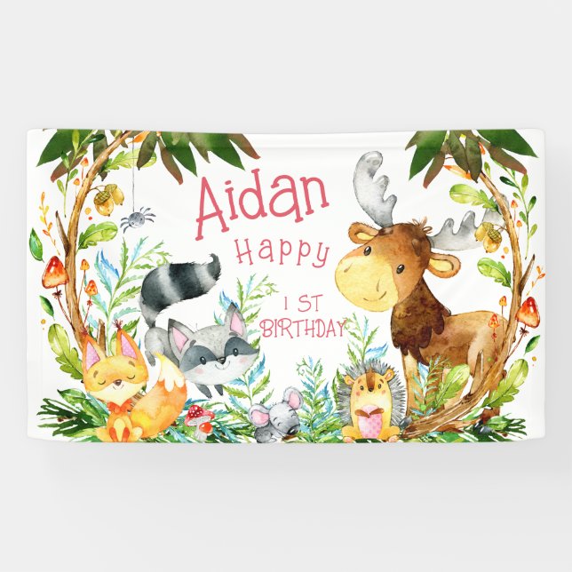 Cute Woodland Forest Animals Watercolor Birthday  Banner (Horizontal)