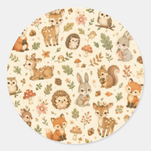 Cute Woodland Forest Animals Watercolor Pattern  Classic Round Sticker
