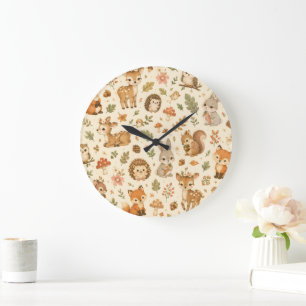 Cute Woodland Forest Animals Watercolor Pattern Large Clock