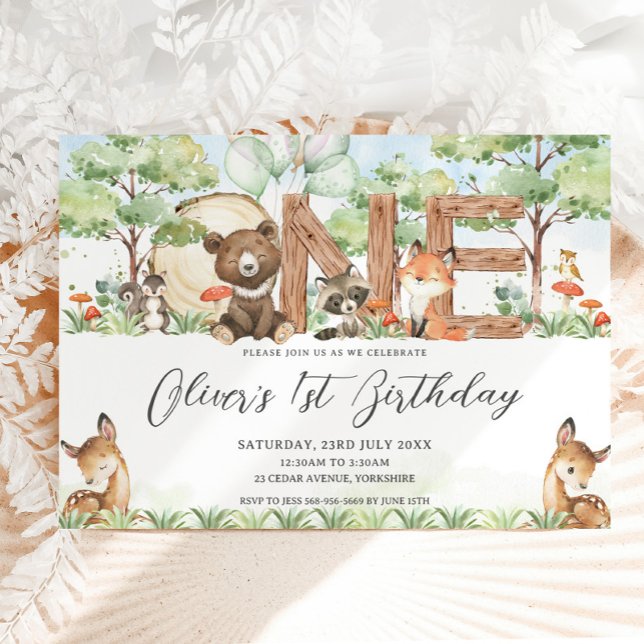 Cute Woodland Forest Animals Wood ONE 1st Birthday Invitation (Creator Uploaded)