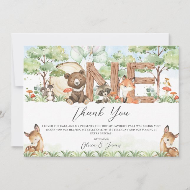Cute Woodland Forest Animals Wood ONE 1st Birthday Thank You Card (Front)