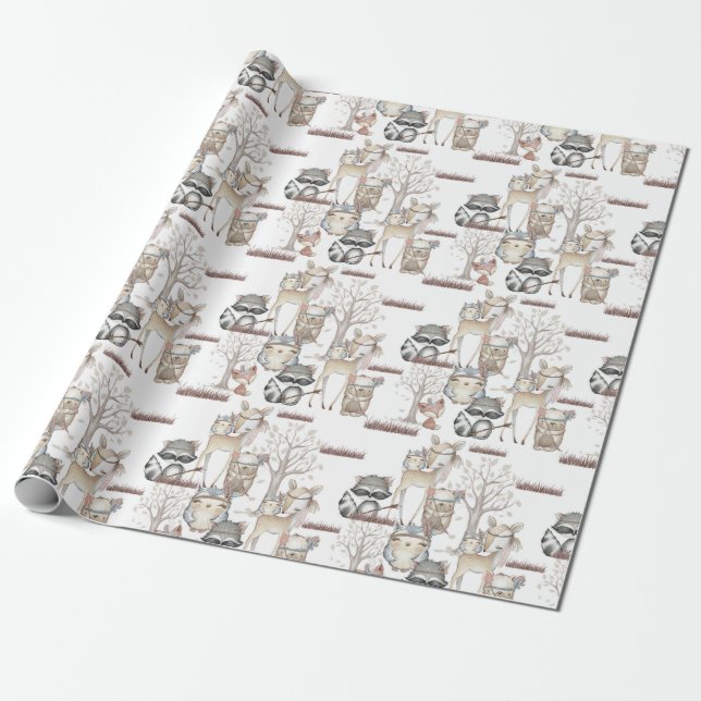 Cute Woodland Forest Baby Animals Racoon Fox Deer Wrapping Paper (Unrolled)