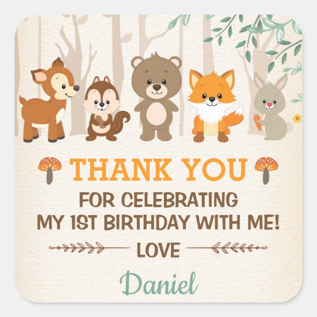 Cute Woodland Forest Birthday Baby Shower Favours Square Sticker (Front)