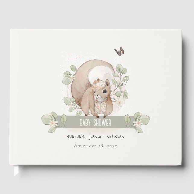 Cute Woodland Forest Floral Squirrel Baby Shower Guest Book (Front)