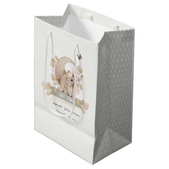 Cute Woodland Forest Floral Squirrel Baby Shower Medium Gift Bag (Front Angled)